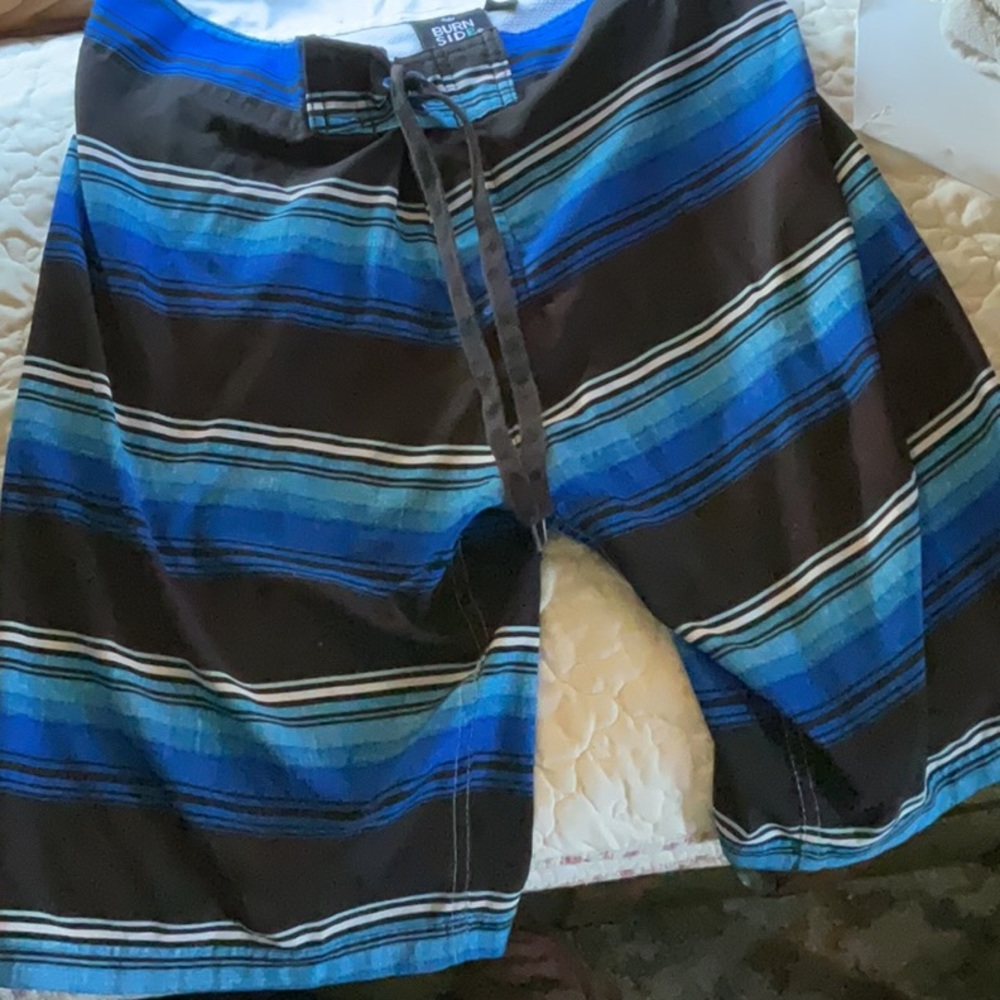 Men’s size 32 inch waist BURN SIDE swim trunks. Blue, aqua, and white.